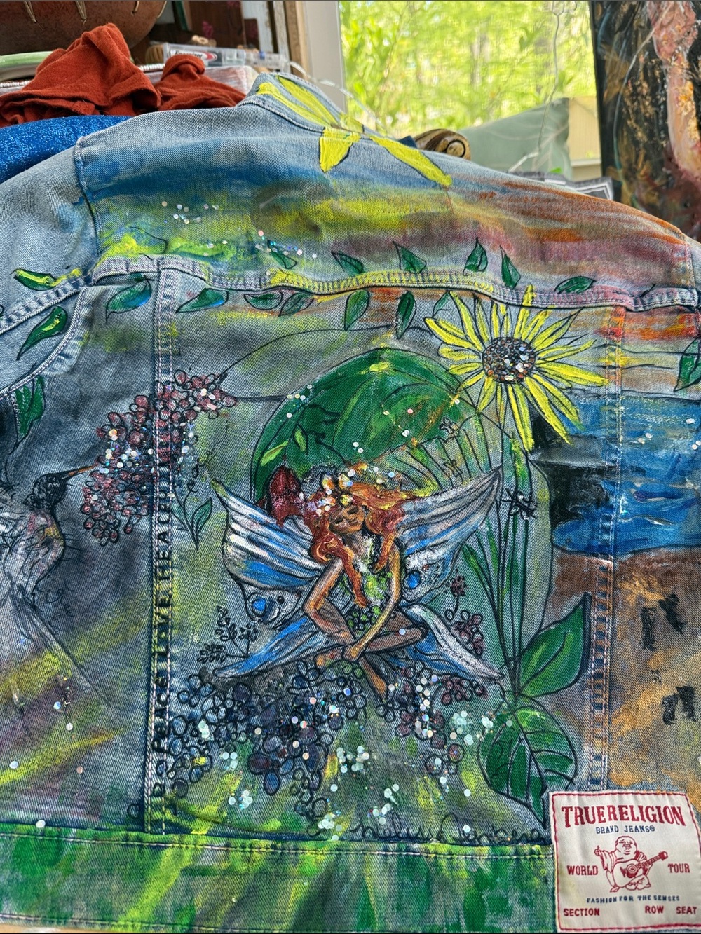 True Religion Painted Denim Jacket with Fairy, Sunflower & Multi-Color Artwork